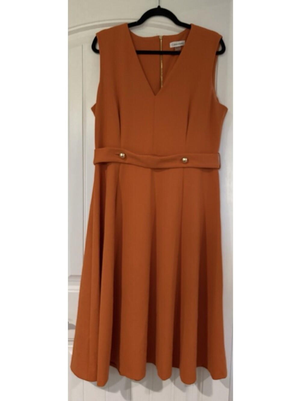 Calvin Klein Women’s 14 Dress Fit Flare Knee Gold Zipper Burnt Orange V Neck